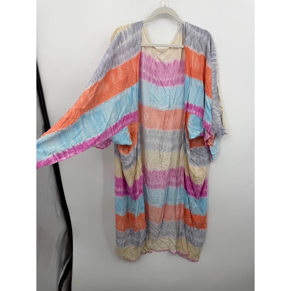 Cotton Candy Tie Dye Striped‎ Kimono Duster Women S Multi Color Boho Open Front